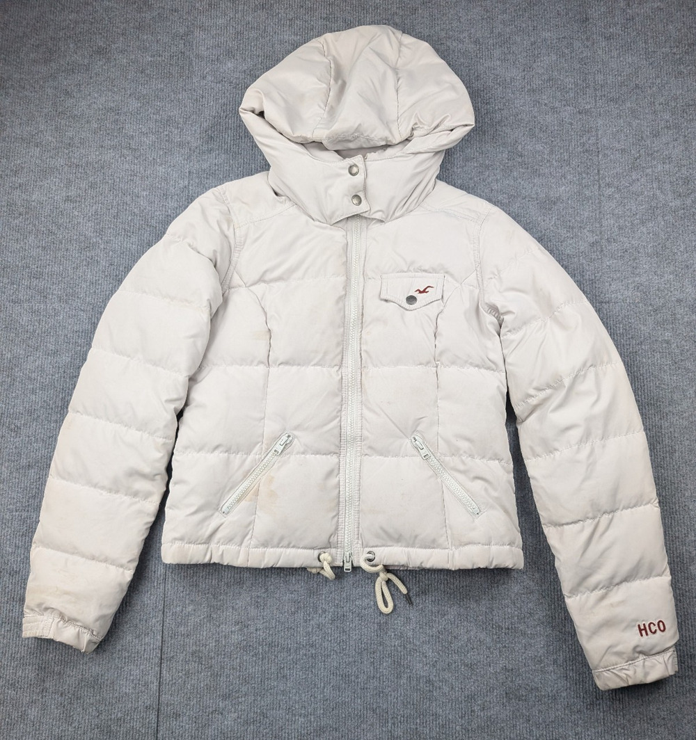 Hollister Down Puffer Jacket Womens Medium Vintage Y2K Gray Logo Quilted Parka